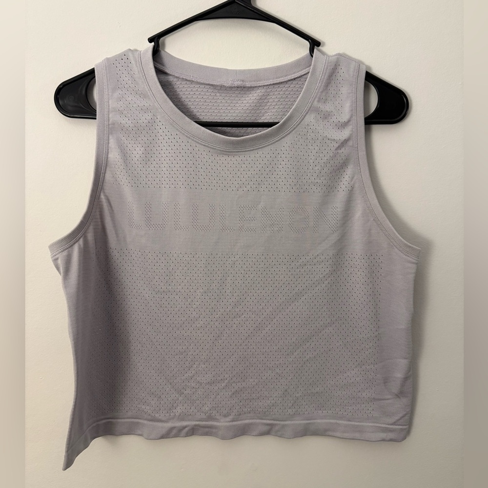 EUC Lululemon Spell Out Logo Tank Top Cropped PTP Measurement 20" Light Purple